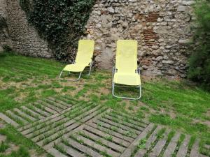 two yellow chairs sitting in the grass next to a wall at Petit studio hypercentre d'Orléans avec jardin in Orléans
