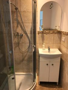 uma casa de banho com um chuveiro, um lavatório e um chuveiro em Kathia Pokoje Gościnne em Katowice