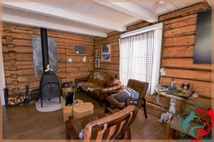 a living room with a fireplace in a log cabin at Escapade Norvégienne in Tolga