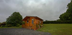 una pequeña cabaña de madera en un campo de hierba en The Cabin @ Willowmere (Garden Log Cabin), en Clane