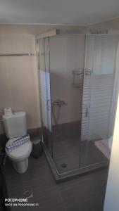 La salle de bains est pourvue de toilettes et d'une douche en verre. dans l'établissement villa Belian 3, à Argalasti