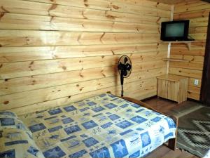 1 dormitorio con 1 cama en una pared de madera en Будиночок у затишку, en Svityazʼ