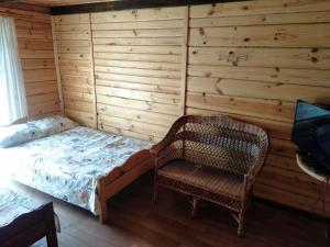 1 dormitorio con 1 cama, 1 silla y TV en Будиночок у затишку en Svityazʼ