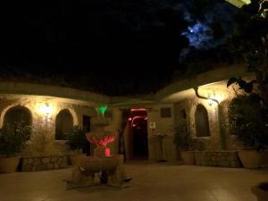 un edificio de noche con luz verde en el medio en Hotel Cueva Tardienta Monegros-Adults Only, en Tardienta