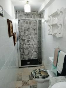 une salle de bain avec une douche avec des toilettes et un lavabo dans l'établissement Ático en Cimadevilla Mirando al Mar, à Gijón