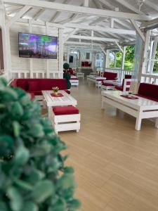 a living room with couches and tables and a tv at Hotel Kristal in Zlatograd