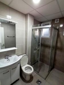 a bathroom with a shower and a toilet and a sink at Apartments st.Martinia in Ohrid +47 photos