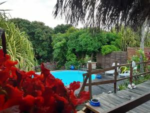 einen Pool in einem Garten mit roten Blumen in der Unterkunft Le Chalet Tropical in Le François