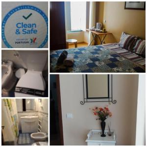 a collage of pictures of a room with a bed and a sign at Guest House Capitao Mor in Faro