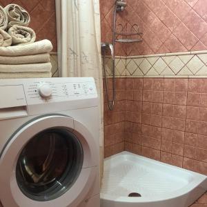 y baño con ducha y lavadora. en Vineyard Cottage Janko & Metka, en Otočec 32 fotos más