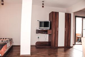 a living room with a tv on a cabinet at Ecostar 10.1.B in Rogachevo