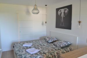 a room with a bed with pillows and a picture of an elephant at Le Bompard 50 m2 Villa Art Déco Plein centre avec jardin in Rodez
