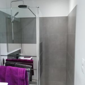 a bathroom with a shower with purple towels at La Petite Pause in Verlinghem
