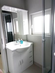 a bathroom with a sink and a mirror and a shower at kleines gemütliches Ferienhaus in Poseritz