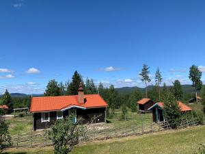 Vasa Ski Lodge في مورا: منزل بسقف برتقالي في حقل