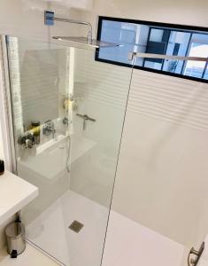 La salle de bains est pourvue d'une douche avec une porte en verre. dans l'établissement Appartement tout neuf vieil Antibes, à Antibes