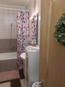 a bathroom with a sink and a shower curtain at Málna Major in Mályinka +95 photos
