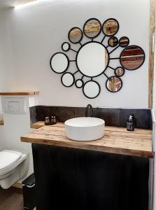 a bathroom with a sink and a mirror on the wall at La maison basse in Saint-Dalmas-le-Selvage +8 photos