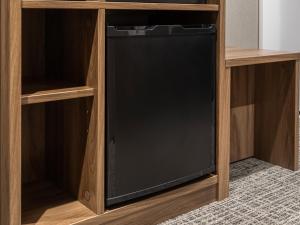 a small black refrigerator in a wooden cabinet at Far East Village Hotel Tokyo Ariake in Tokyo