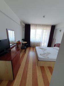 une chambre avec un lit, un bureau et une télévision dans l'établissement Steluta, à Eforie Nord