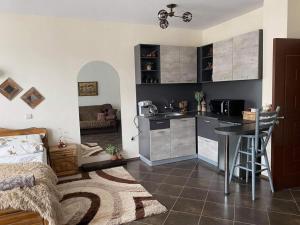 a kitchen with a counter and a table in a room at Studio Anastasia in Sapareva Banya