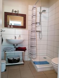 y baño con lavabo y ducha. en Bed&Breakfast Wagner "im Alten Pfarrhaus" en Neuruppin