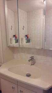 La salle de bains est pourvue d'un lavabo blanc et d'un miroir. dans l'établissement Zonnehaven, à Blankenberge