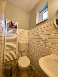 a white bathroom with a toilet and a sink at Johann Gott Suite in Braşov