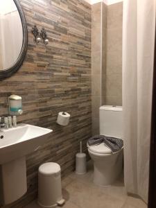 bagno con servizi igienici, lavandino e specchio di Hotel Avra a Ouranoupoli