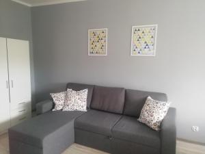 a living room with a gray couch with pillows at Apartament Biała Mewa in Władysławowo