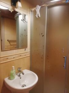 a bathroom with a sink and a shower with a mirror at Apartament Biała Mewa in Władysławowo
