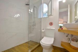 a bathroom with a shower and a toilet and a sink at Minimalist Cozy House in Corfu +11 photos