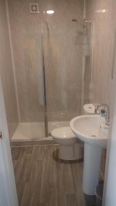 a bathroom with a shower and a toilet and a sink at The Victoria guest house in Mablethorpe