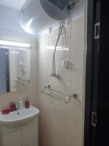 a bathroom with a shower and a sink and a mirror at Apartament Alina in Saturn +10 photos