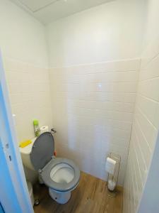 La salle de bains est pourvue de toilettes et d'un distributeur de papier toilette. dans l'établissement résidence les pâquerettes N 1, à Le Mont-Dore