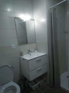 ein Badezimmer mit Toilette, Waschbecken und Spiegel in der Unterkunft PAS à PAS CHAMBRE D'HOTES in Sarrancolin + 29 Fotos
