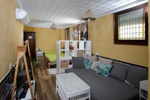 a living room with a gray couch in a room at Oripando Hostel in Granada