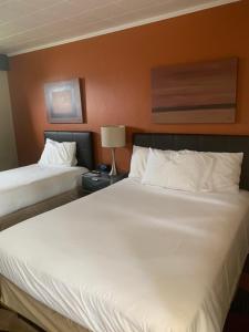 2 Betten in einem Hotelzimmer mit weißer Bettwäsche in der Unterkunft The Triangle Motel in Alma