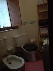 La salle de bains est pourvue de toilettes avec un siège noir et un lavabo. dans l'établissement Melodia do Campo, à Terras de Bouro