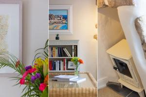 two pictures of a living room with a book shelf at Anchorage Guest House, St Ives in St Ives
