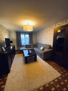 een woonkamer met een bank en een salontafel bij City Centre Apartment in Reghin