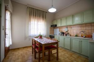 a kitchen with green cabinets and a table with chairs at Meteora Family House in Kalabaka