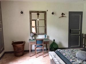 een slaapkamer met een bureau, een spiegel en een bed bij le Clos de la Livre in Fontaine-sur-Ay
