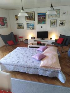 1 dormitorio con 1 cama grande con almohadas rosas en Apartman Mimi, en Klenovica