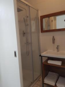 un bagno con doccia e lavandino di Cork Train Station Guesthouse a Esmoriz Altre 47 foto
