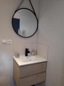 a bathroom with a sink and a mirror on the wall at Appartement cosy au coeur du Beaujolais in Saint-Lager +11 photos