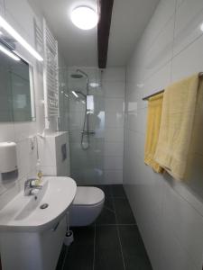 biała łazienka z umywalką i toaletą w obiekcie Ranargata Apartment w Reykjavík