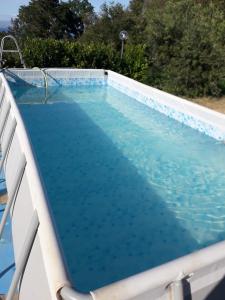 a swimming pool with a chair in front of it at Fortino's Hause in Porto Santo Stefano