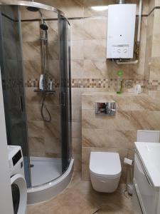 ein Badezimmer mit Dusche, Toilette und Waschbecken in der Unterkunft Apartament Platynowy w Centrum Miasta in Częstochowa