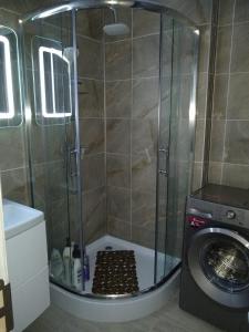 Studio Alezzi Beach Resort في مامايا نورد نافورداي: شطاف بباب زجاجي بجانب غسالة ملابس